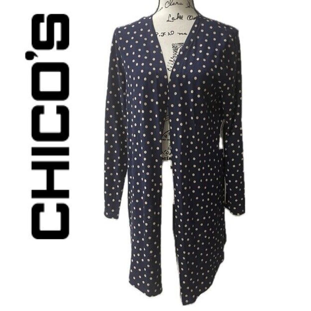 CHICOS POLKA DOT CARDIGAN OPEN FRONT NAVYโ BLUE PINK PREPPY SIZE 1 US MEDIUM